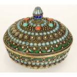 Mid 20th Century Chinese Gold Washed Silver, Mixed Stone and Enamel Box. Stamped Silver. Good