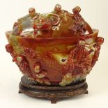 A Chinese Carnelian Agate Covered Bowl. Oval In Shape with Fine Figural Relief Carving. On Inlaid