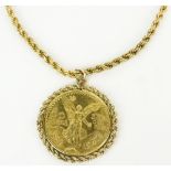 Mexican 50 Pesos Gold Coin on 14 Karat Yellow Gold Rope Chain. Heavy. Chain signed 14K. Chain
