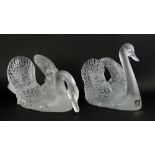 Pair of Lalique France frosted and clear crystal swan figures, head up and head down. Signed. Good