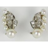 Pair Vintage Pearl, Diamond 14K White Gold Earrings (pierced). Signed 14K. Measures 3/4 inches.