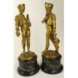 Lalouette, French Two (2) 19/20th Century Gilt Bronze Sculptures on Marble Plinths "Youth in Cap