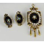 Antique 14 Karat Seed Pearl, Onyx and Opal Three (3) Piece Suite. Includes a pair of earrings (