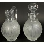 Lalique Langeais Frosted Ribbed Decanter and Pitcher. Crystal with satin finish. Signed Lalique