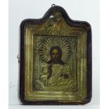 18/19 Century Orthodox Icon in Original Wood and Glass Case. Hand Painted Image Set in Brass.