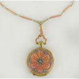 Antique Gubelin 18 Karat Yellow Gold, Diamond, Guilloche, Enameled Watch Pendant and Chain. The back