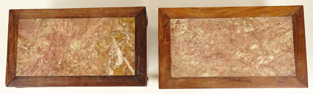 Pair 19/20th C Chinese H'uang H'uali Marble Top Rectangular Stands. Concave frieze raised on - Image 4 of 7