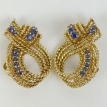 Retro Blue Sapphire and 14 Karat Yellow Gold Clip-on Earrings. Signed 14K. Good Condition. Weigh