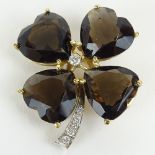 14 Karat Yellow and White Gold Smoky Topaz and Diamond Four Leaf Clover Pin. Signed 14K. Good
