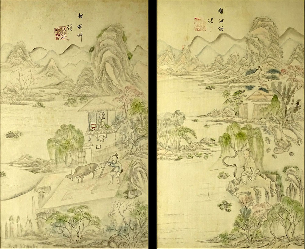 Pair of 19th C Korean School Water Colors "Tales Of Enlightenment' Titled cipher upper center or