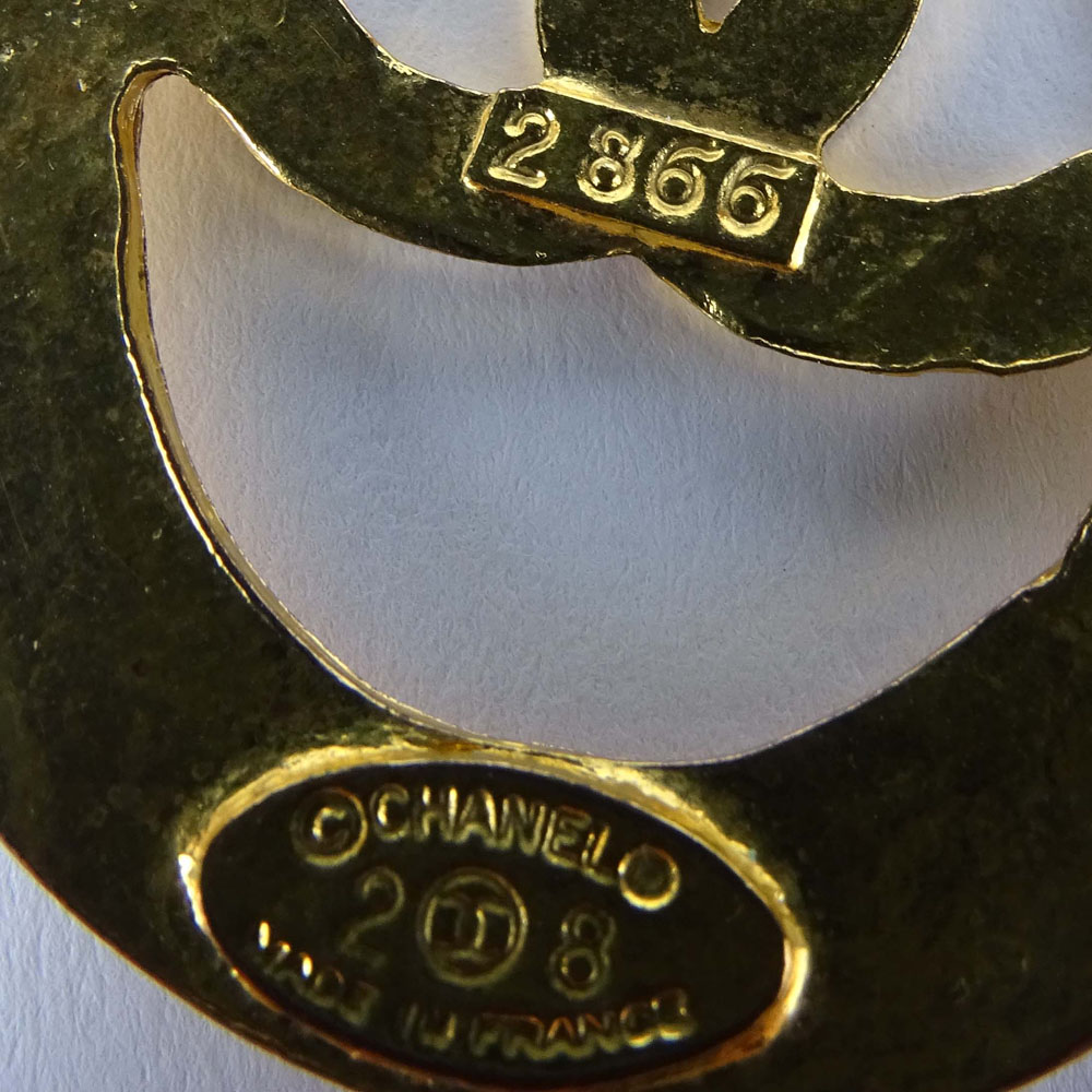 Large Pair of Chanel, Made in France Gold Tone Logo Earrings. Signed. Good condition with box. - Image 3 of 4