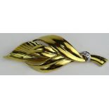 Lady's Vintage 18 Karat Yellow Gold Leaf Brooch with Small accent Diamonds. Signed 750. Minor