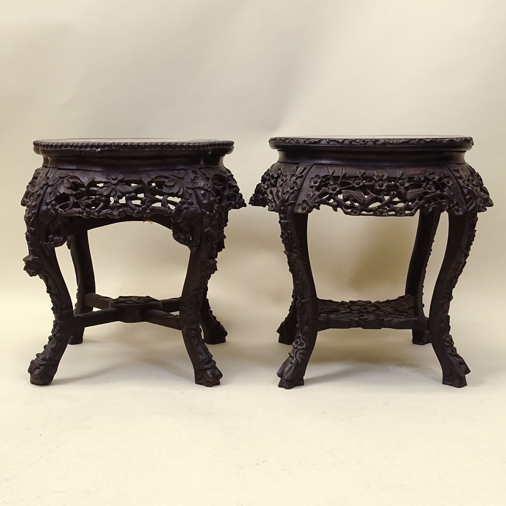 Antique Chinese Carved Hardwood Marble Top Pedestal Tables. Unsigned. Good condition. Measures 19- - Image 2 of 5