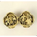 19th Century Continental Carved Ivory Diptych Ball Carving. Interior reveals soldiers preparing
