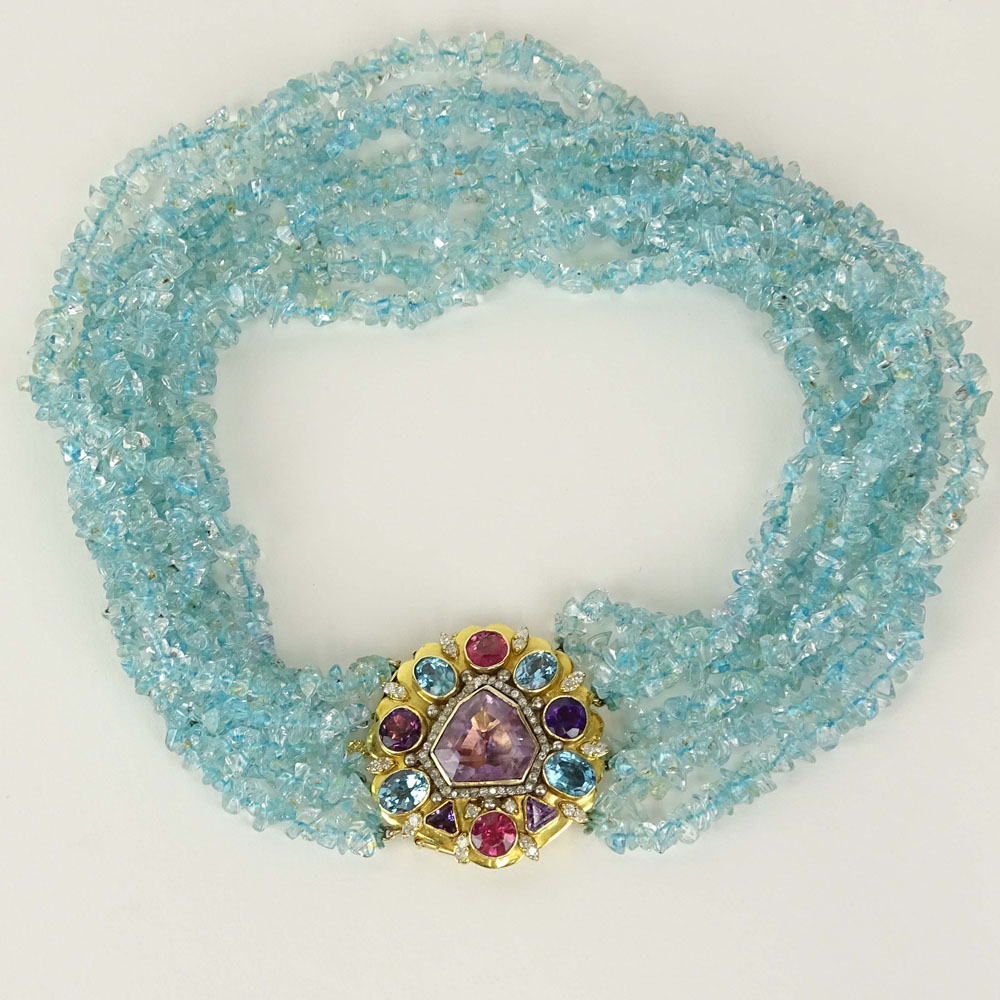 Lady's Vintage Blue Topaz Bead Torsade Necklace with 10 Karat Yellow Gold Clasp Set with Amethyst,