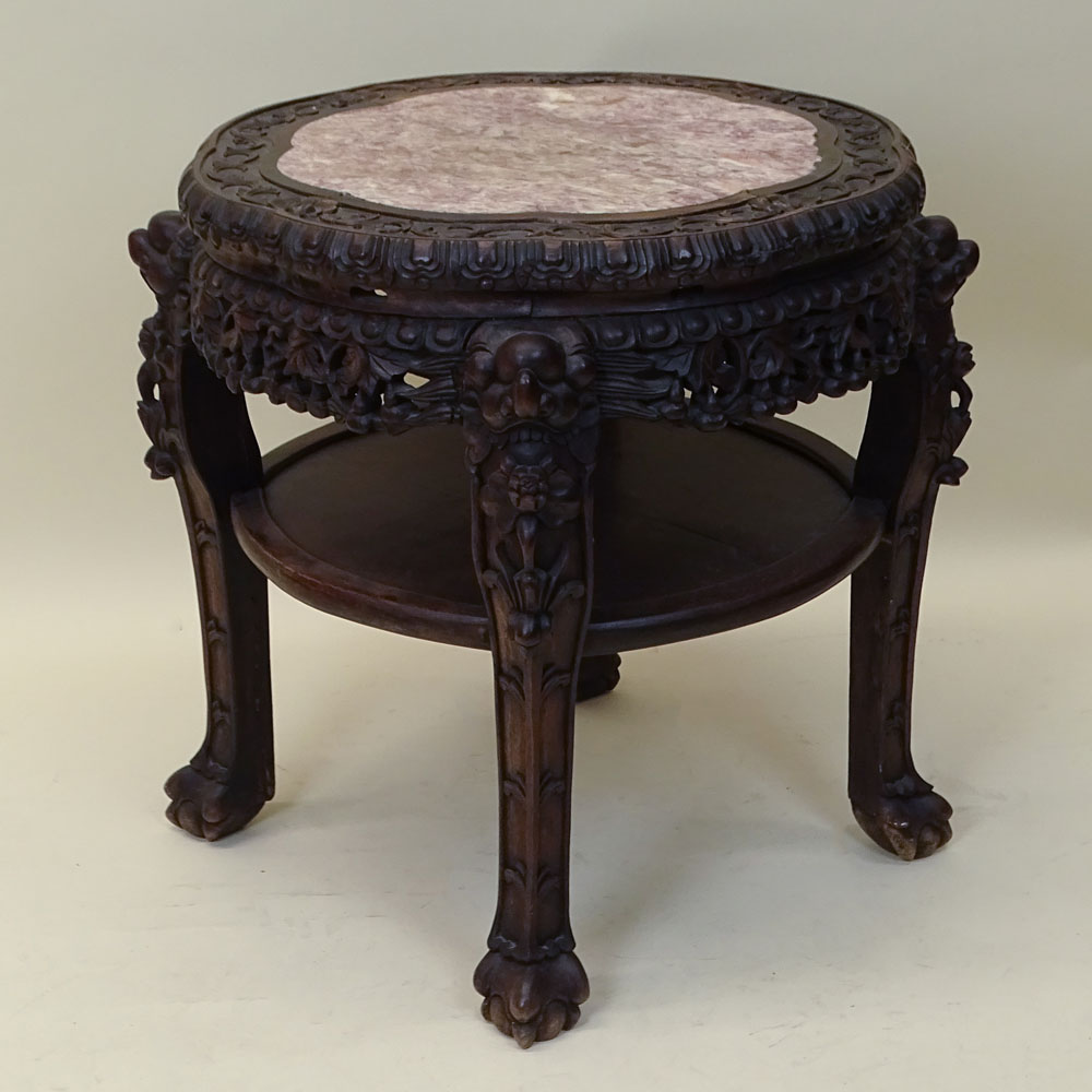 Antique Chinese Carved Hardwood Marble Top Pedestal Tables. Unsigned. Good condition. Measures 22- - Image 4 of 4