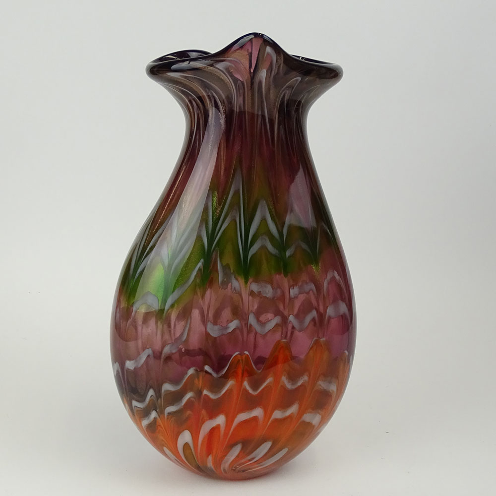 Vintage Art Glass Vase. Possibly Murano. Multi-colored with metallic flakes. Unsigned. Good