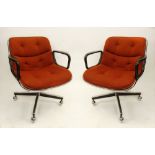 Pair Vintage Knoll Swivel Executive Office Chairs. Original Orange Fabric Upholstery on Metal and