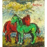 David Davidovich Burliuk, American/Ukranian (1882-1967) Oil on board "Two Horses" Signed Burliuk