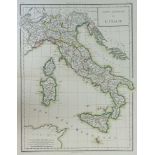 Antique Hand Colored Engraved Map "Carte de L'Italie" Unsigned. Creases, small tears at edges,