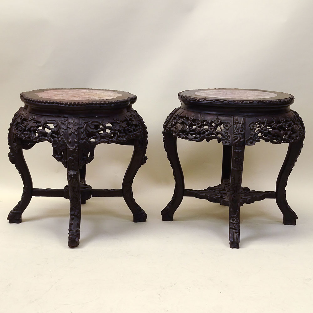 Antique Chinese Carved Hardwood Marble Top Pedestal Tables. Unsigned. Good condition. Measures 19- - Image 5 of 5