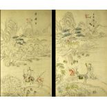 Pair of 19th C Korean School Water Colors "Tales Of Enlightenment' Titled cipher upper center or