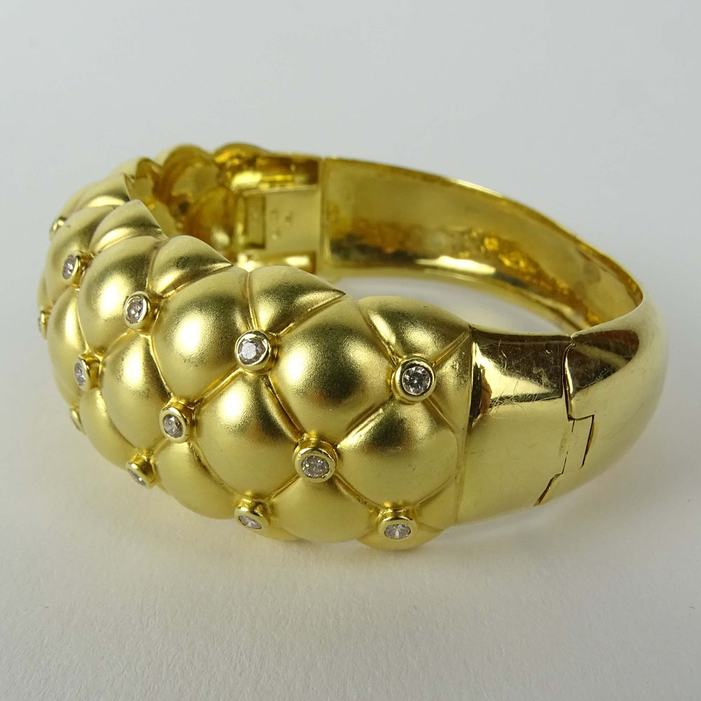 Lady's Vintage 18 Karat Yellow Gold and .79 Carat Diamond Tufted Bangle Bracelet. Signed 750 18K. - Image 2 of 6