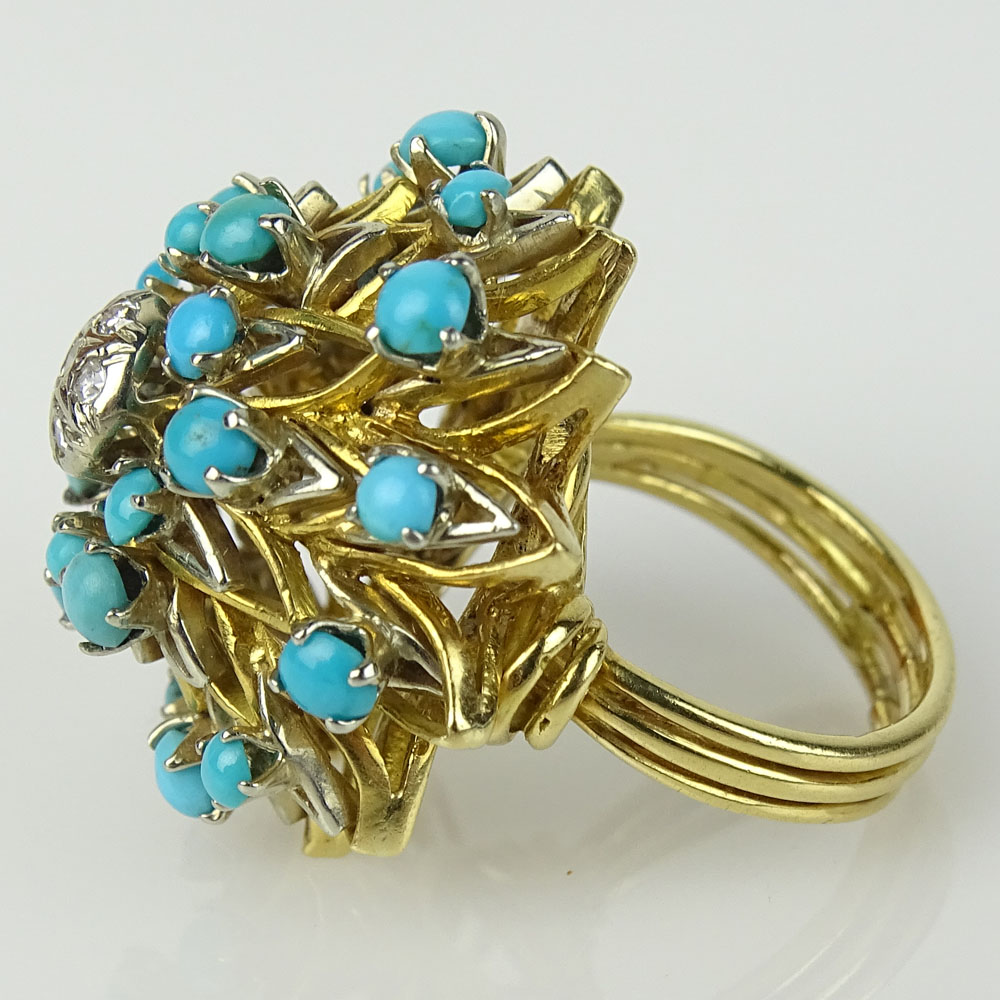 Lady's Vintage 18 Karat Yellow Gold, Single Cut Diamond and Turquoise Cluster Ring. Unsigned. Good - Image 5 of 6