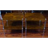 Pair Vintage Burled Wood and Silvered Metal 2 Tier End Tables. Pineapple Finials. Unsigned.