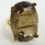 14 Karat Yellow Gold and Smoky Topaz Ladies Ring, Size 7-1/2. Signed 14K. Small Chips to Both