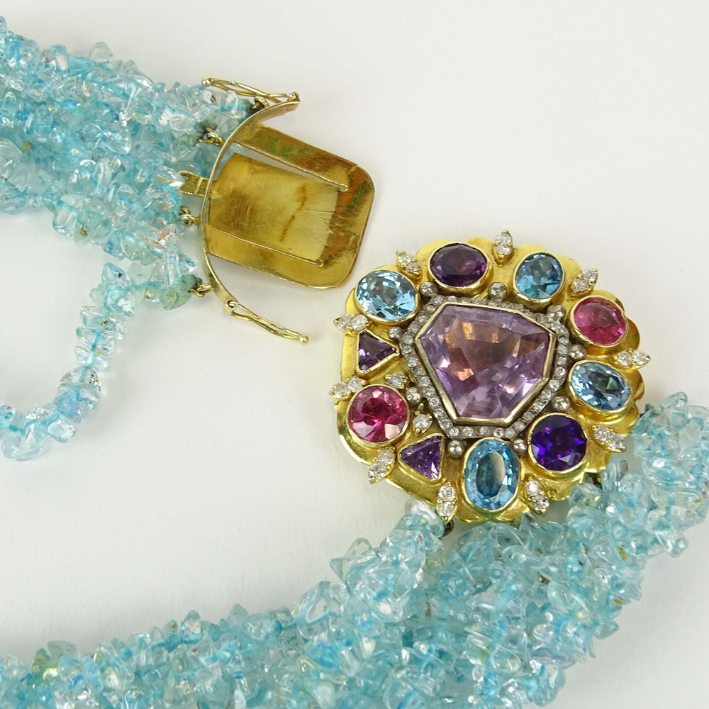 Lady's Vintage Blue Topaz Bead Torsade Necklace with 10 Karat Yellow Gold Clasp Set with Amethyst, - Image 4 of 4