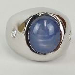 Man's Vintage Approx. 12.01 Carat Star Sapphire, .50 Carat Round Cut Diamond and 14 Karat White Gold