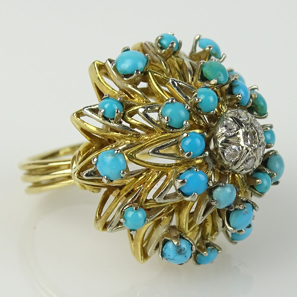Lady's Vintage 18 Karat Yellow Gold, Single Cut Diamond and Turquoise Cluster Ring. Unsigned. Good - Image 2 of 6