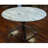 Retro Chrome and White Marble Table with Brass Ball Decoration. Unsigned. Light Pitting to Chrome or