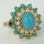 Lady's 10 Karat Yellow Gold, Turquoise and Seed Pearl Ring. Signed 10K. Very Good condition. Ring