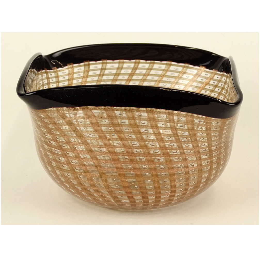 Vintage Venini Art Glass Bowl. Metallic flecked geometrical design with controlled bubbles. Black - Image 2 of 6