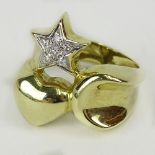 Italian 14 Karat Yellow Gold and Diamond Moon, Star and Heart Ladies Ring. Size 7-3/4. Signed 14K.