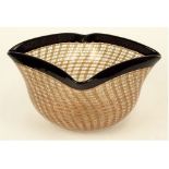Vintage Venini Art Glass Bowl. Metallic flecked geometrical design with controlled bubbles. Black