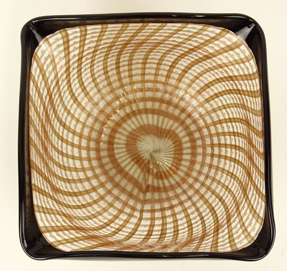 Vintage Venini Art Glass Bowl. Metallic flecked geometrical design with controlled bubbles. Black - Image 3 of 6