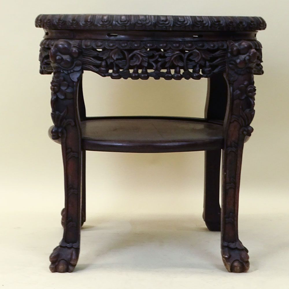Antique Chinese Carved Hardwood Marble Top Pedestal Tables. Unsigned. Good condition. Measures 22- - Image 2 of 4
