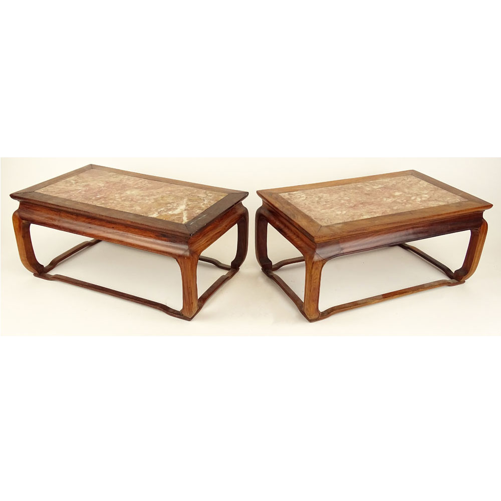 Pair 19/20th C Chinese H'uang H'uali Marble Top Rectangular Stands. Concave frieze raised on