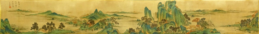 Large Antique Chinese Handscroll. Featuring Panels of Calligraphy including Heaven, Frontispiece,