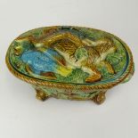 20th Century Majolica Glazed Porcelain Covered Dish. Hare and bird motif. Unsigned. Crazing, 3 small