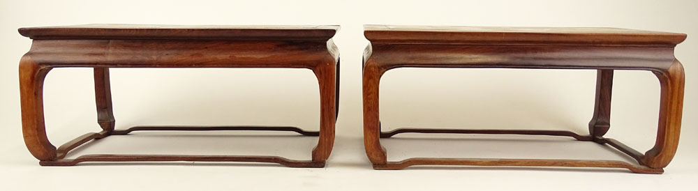 Pair 19/20th C Chinese H'uang H'uali Marble Top Rectangular Stands. Concave frieze raised on - Image 3 of 7