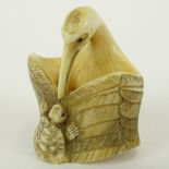 Early 20th Century Japanese Baisho Shop Carved Netsuke In The Form of a Stork and Turtle. Finely