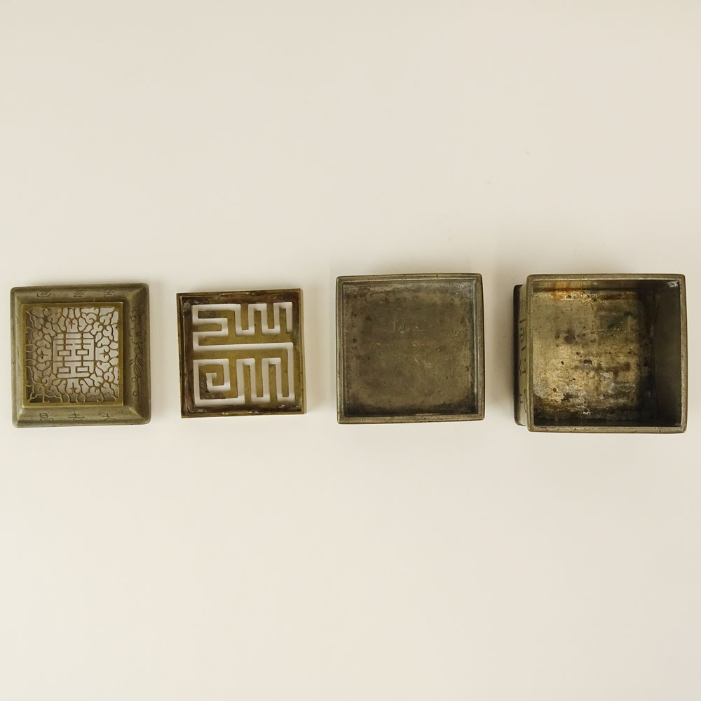 19th C possibly earlier Chinese Pewter and Bronze Seal Mold. The four part box consists of bottom - Image 3 of 7
