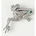 Lady's 18 Karat White Gold and Pave Set Diamond Frog Brooch with Cabochon Emerald Eyes. Signed 18K