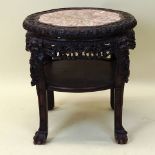 Antique Chinese Carved Hardwood Marble Top Pedestal Tables. Unsigned. Good condition. Measures 22-
