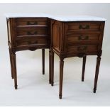 Pair of Mid 20th Century Louis XVI style Three Drawer Nightstands with Marble Tops. Unsigned.