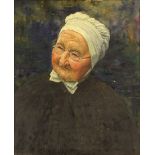 20th Century Oil on Canvas, Portrait of Old Lady. Signed F. Perrault Harry. Craquelure and paint